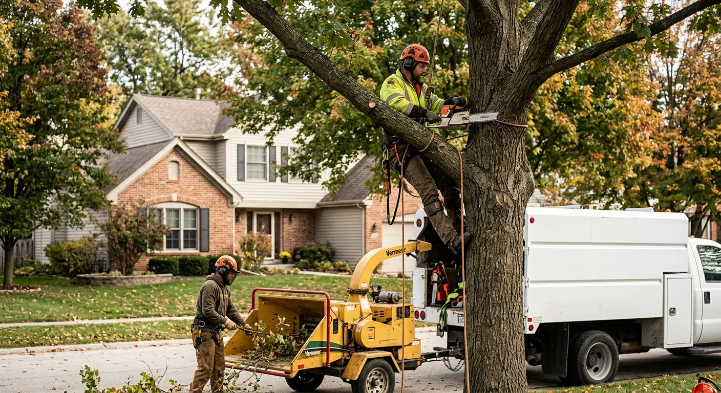 Crew planting a young shade tree with mulch ring in a St. Charles yard