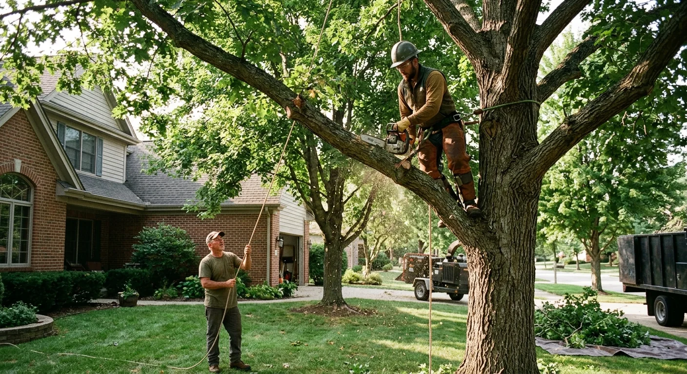 Arborist inspecting a newly planted tree with soil and mulch around the base