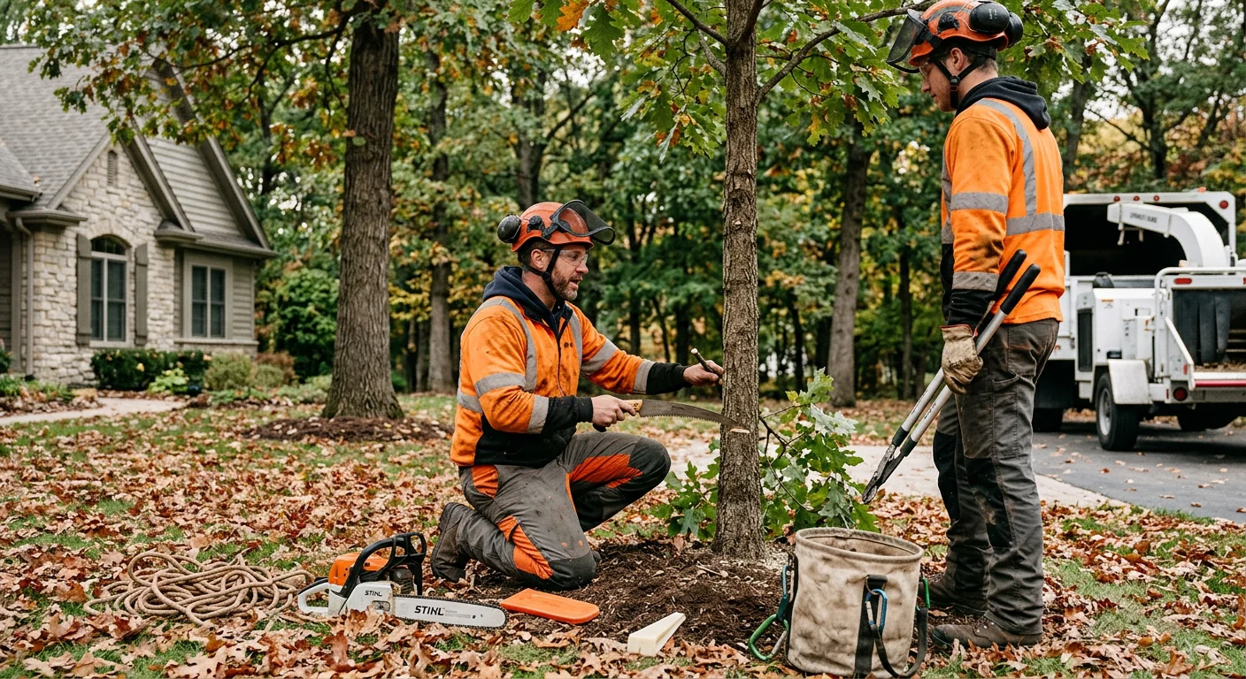 Crew setting a young tree at proper grade on a St. Charles residential lot