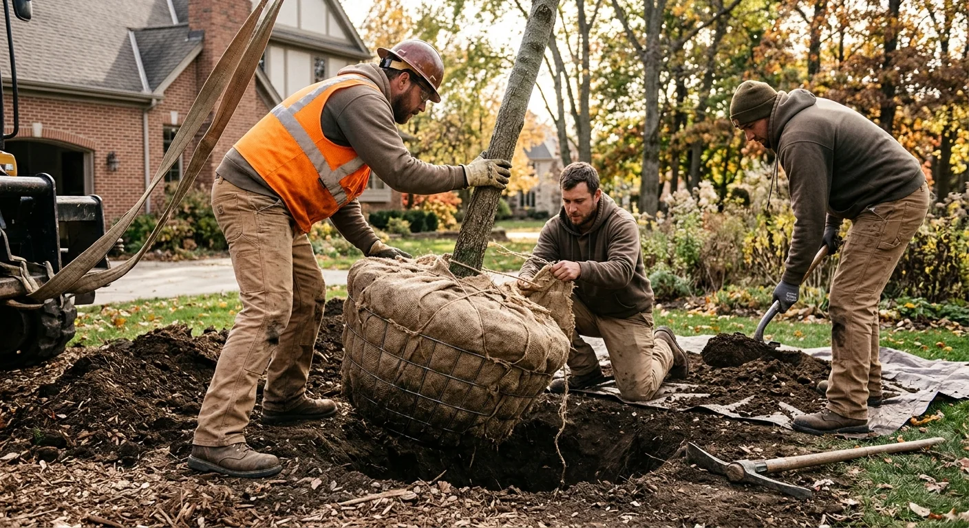 Crew setting a balled and burlapped shade tree into a fresh planting pit