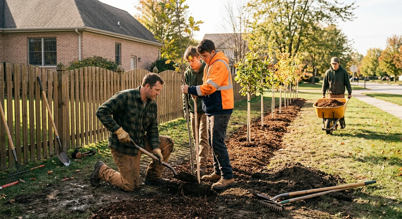Wide shot of newly planted row of young trees lining a St. Charles backyard