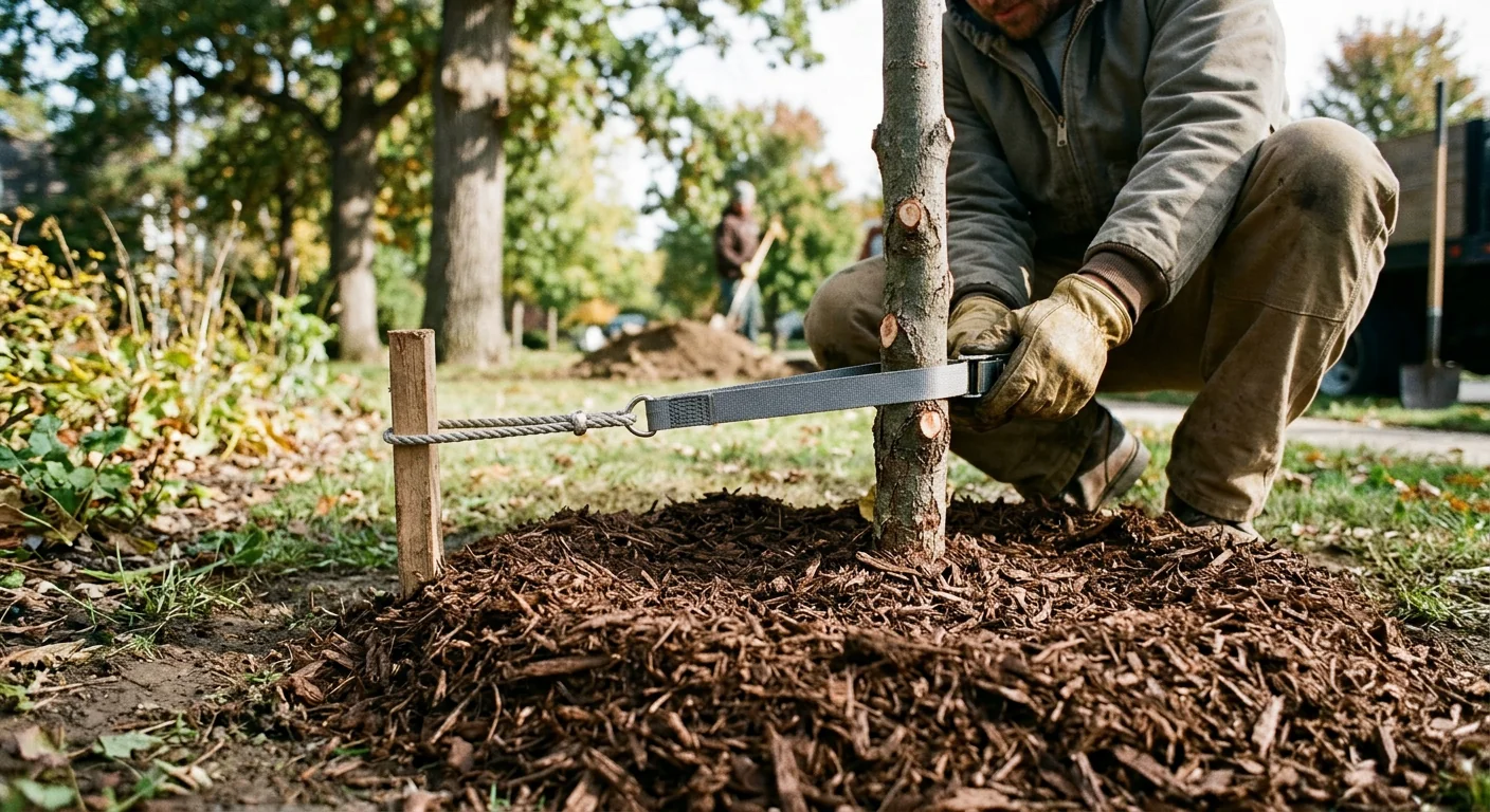 Close-up of mulch ring and staking straps supporting a freshly planted sapling