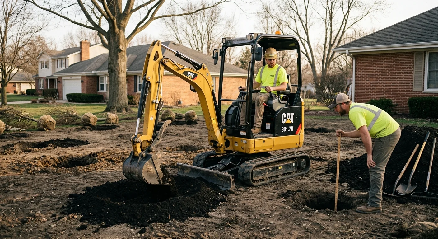 Mini excavator digging planting holes across a cleared residential lot
