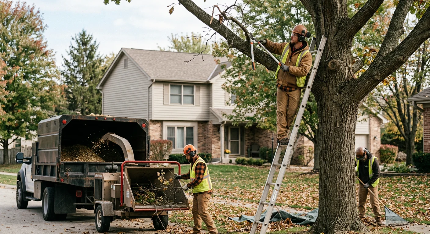 Arborist making precision pruning cuts high in a mature oak canopy