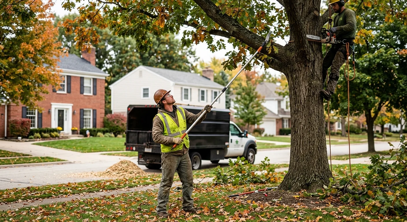 Groundworker gathering pruned branches beside a St. Charles home after a job