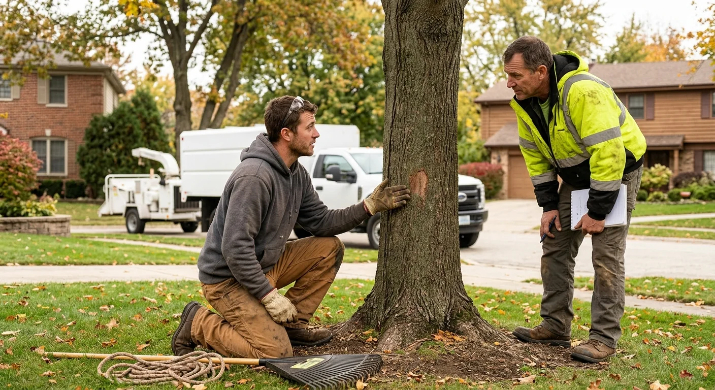 Overgrown crowded tree canopy with deadwood before pruning in St. Charles