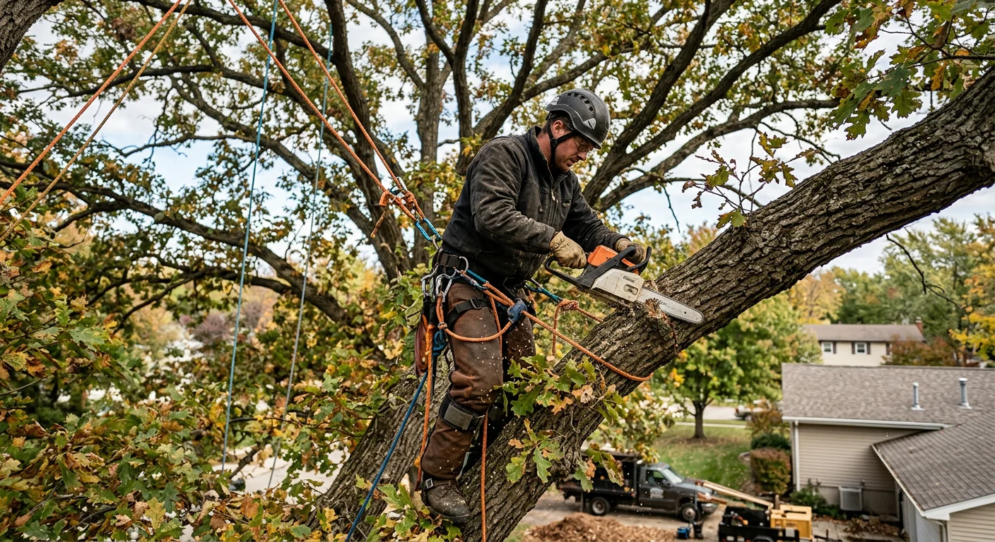 Arborist making a clean crown thinning cut high in an oak canopy