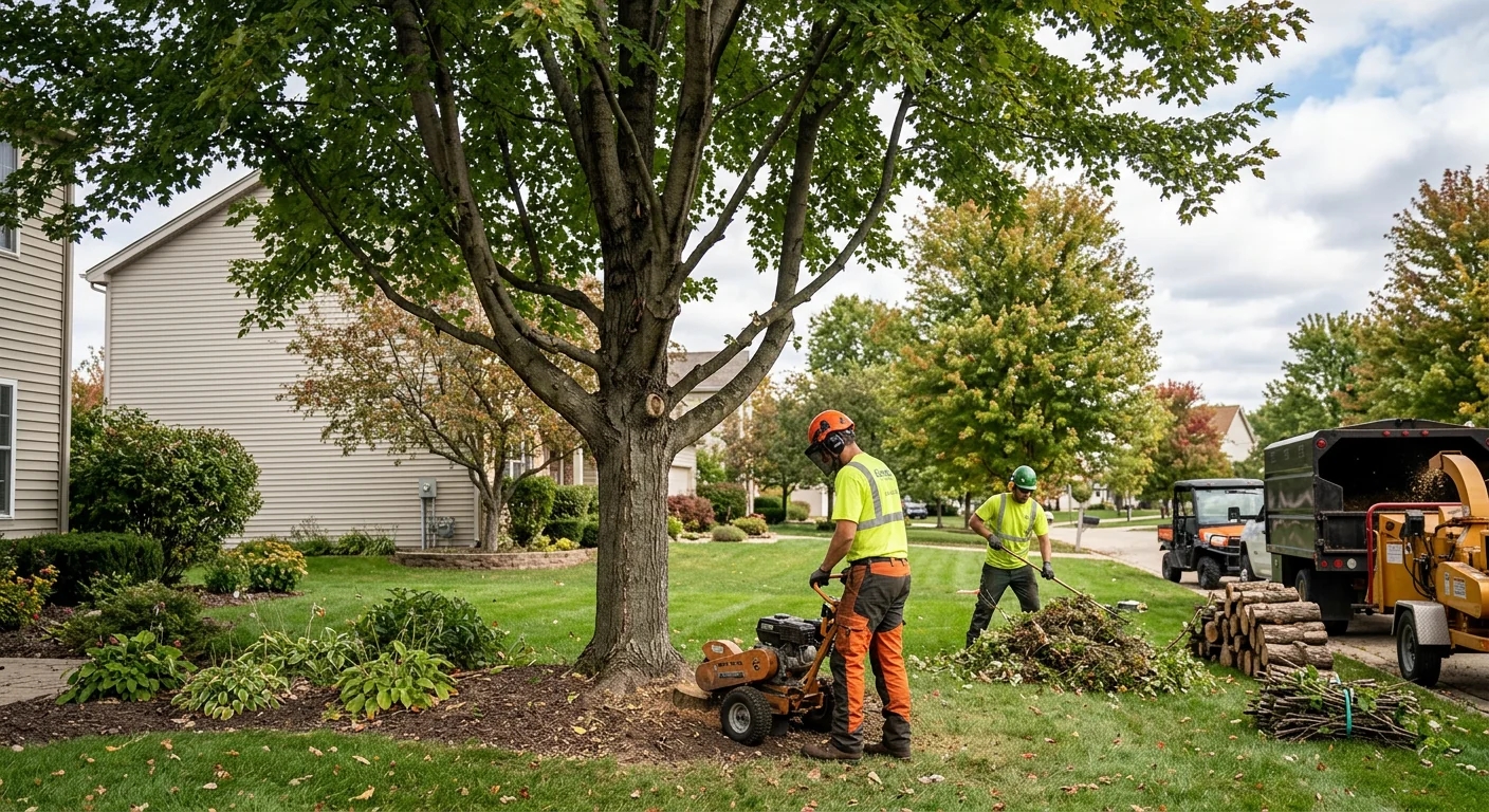 Wide shot of a pruned maple standing over a tidy St. Charles backyard