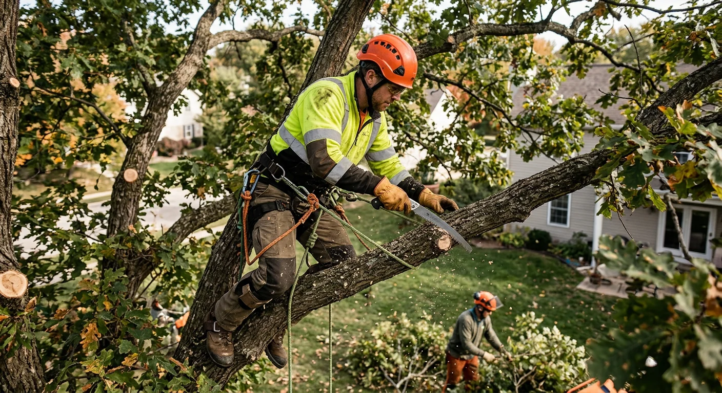 Climber on rope working a directional cut with a handsaw mid canopy