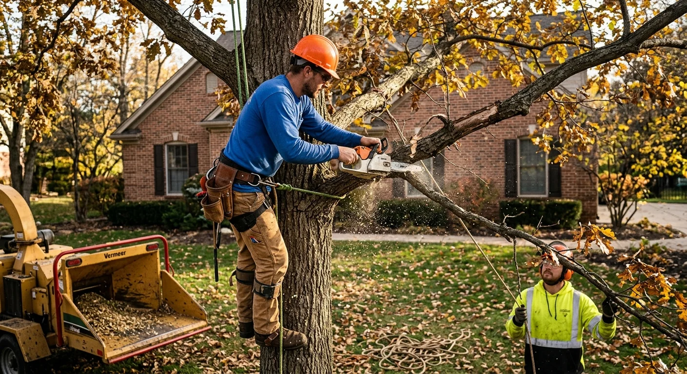 Arborist assessing a large hardwood before tree removal on a St. Charles property