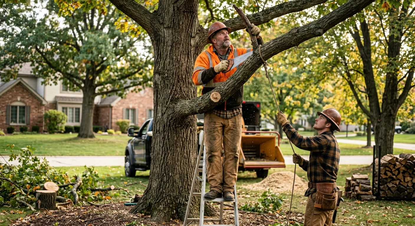 Crew reviewing a felling plan beside a marked tree in a St. Charles yard