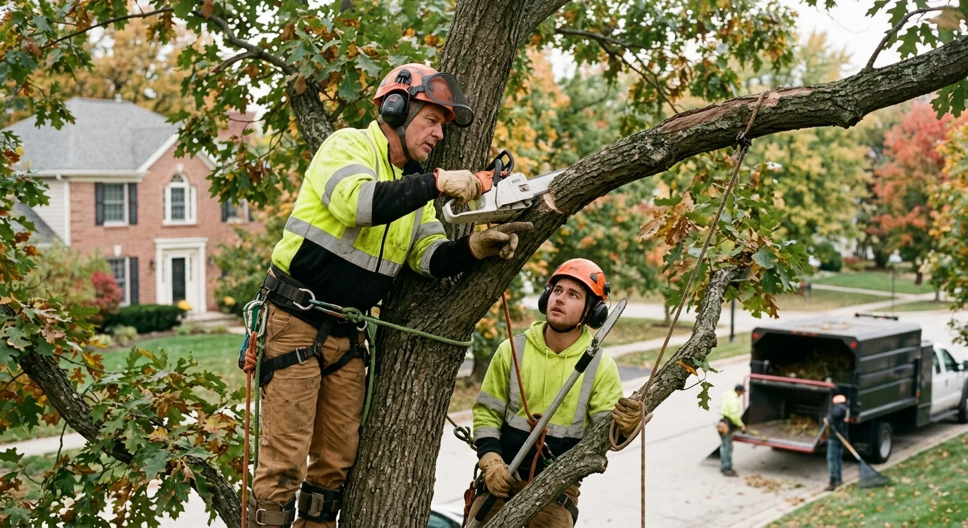 Crew sectionally dismantling a large maple in a St. Charles backyard