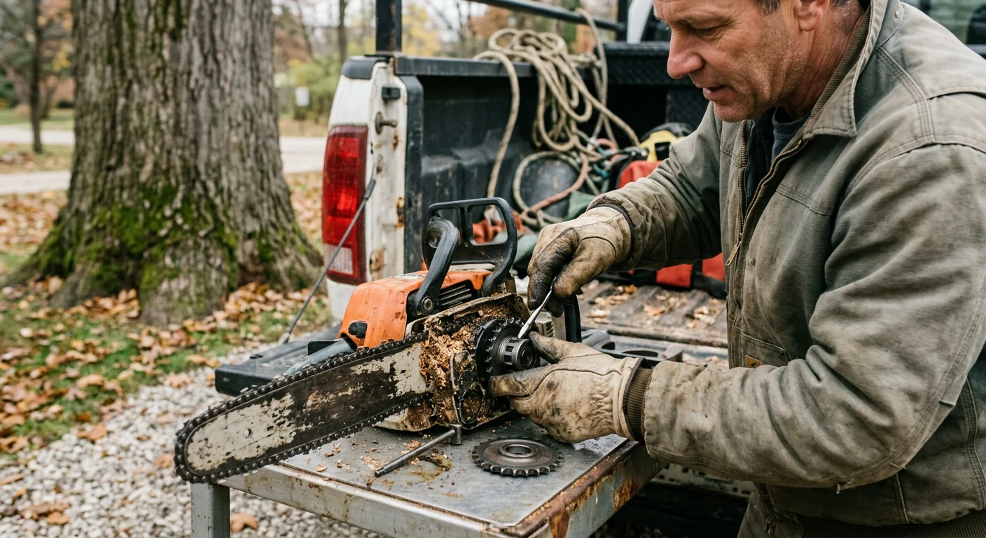 Arborist inspecting a decayed trunk base before removal