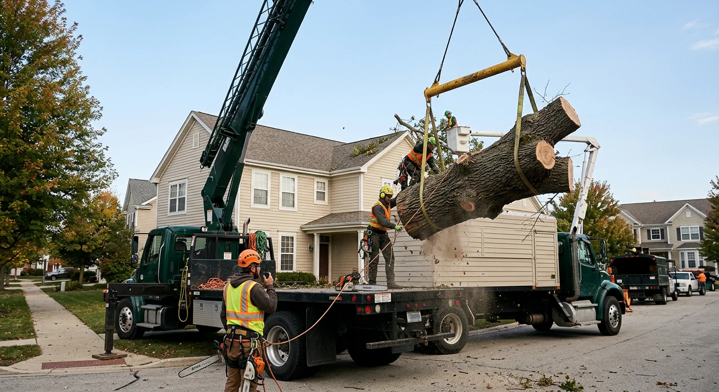 Crane lifting a large oak section off a residential roofline in St. Charles