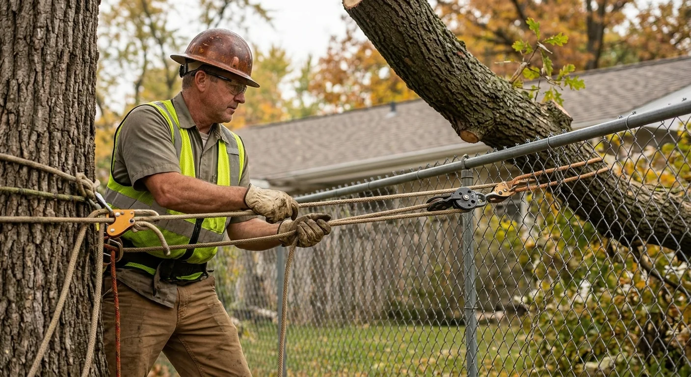 Close-up of controlled rigging lines lowering a heavy limb near a fence