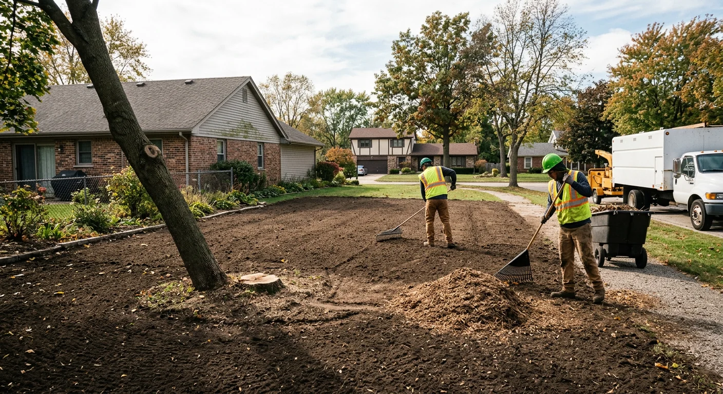 Wide shot of a backyard cleared of a leaning maple with ground raked clean