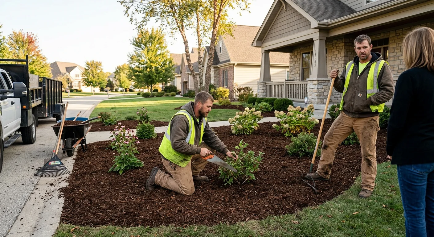Finished front yard after dead ash removal with fresh mulch and open sightlines