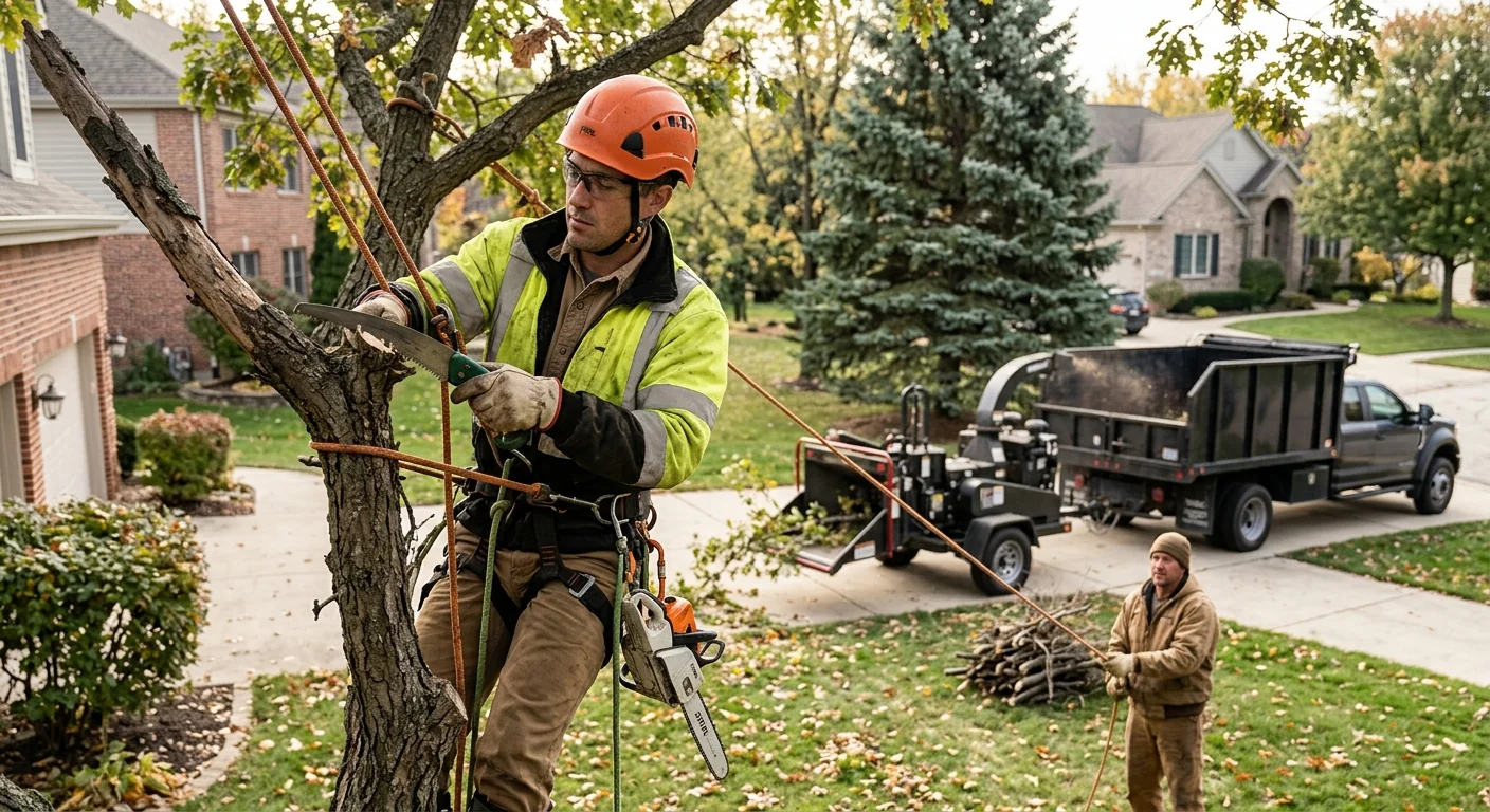 Arborist inspecting a large trunk for decay during a tree risk assessment