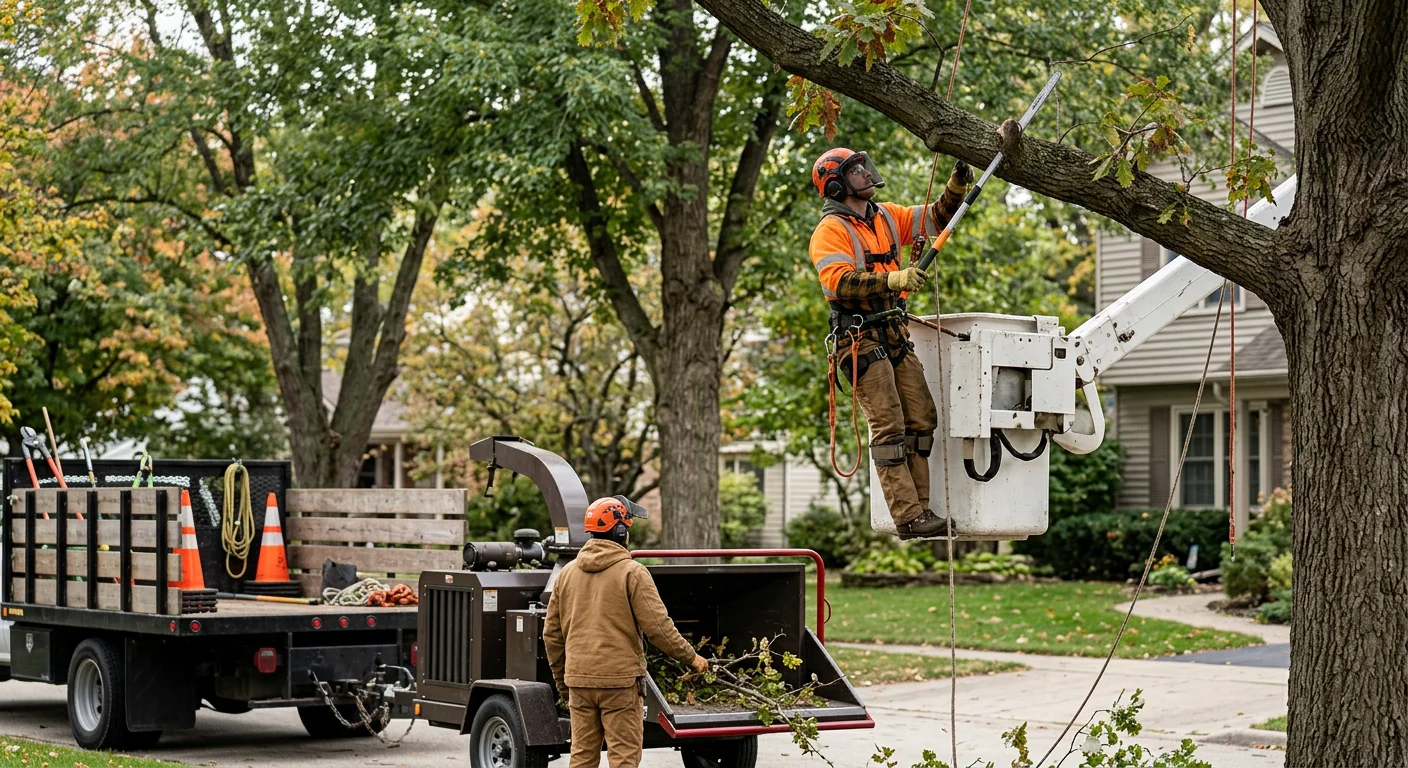 Arborist marking a hazard tree with survey tape during a property inspection