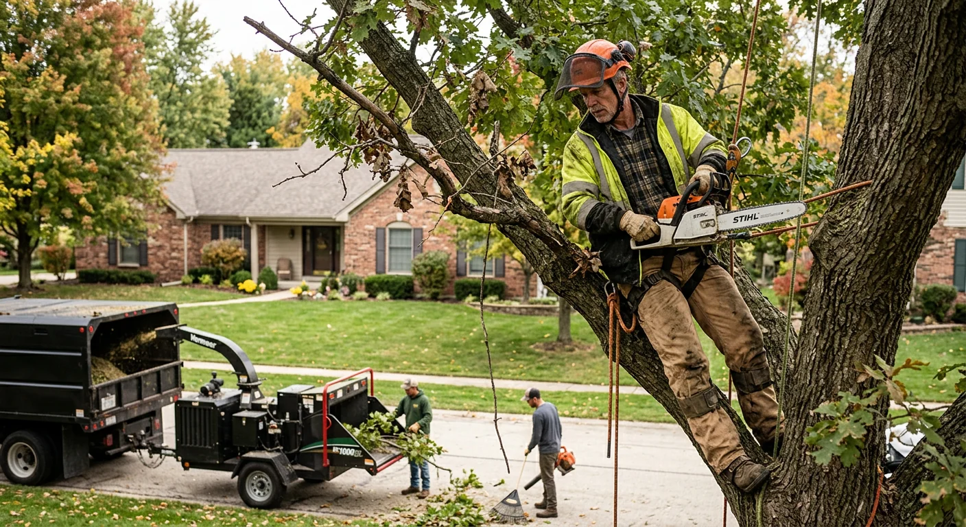 Arborist inspecting a mature oak trunk during a tree risk assessment in St. Charles