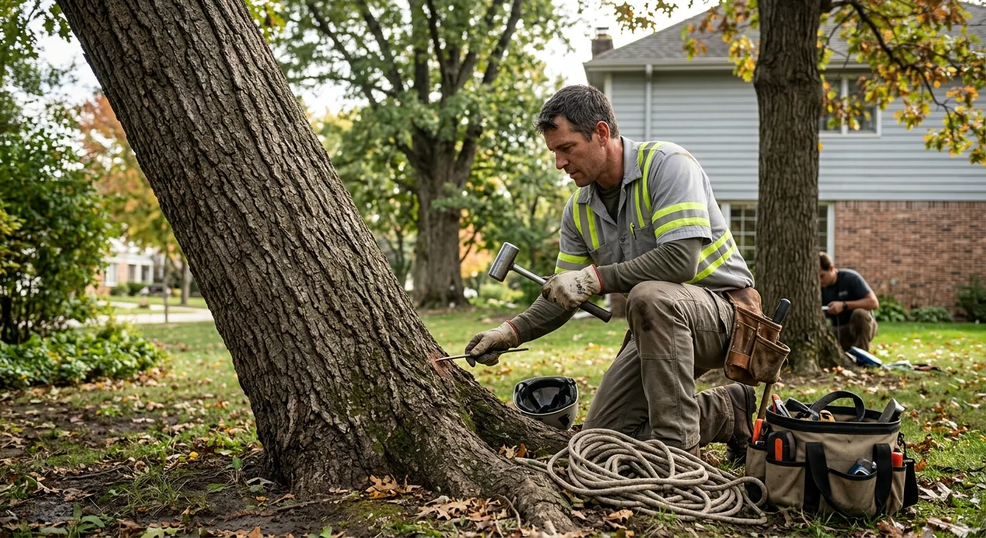 Arborist inspecting a leaning oak trunk for decay in a St. Charles backyard
