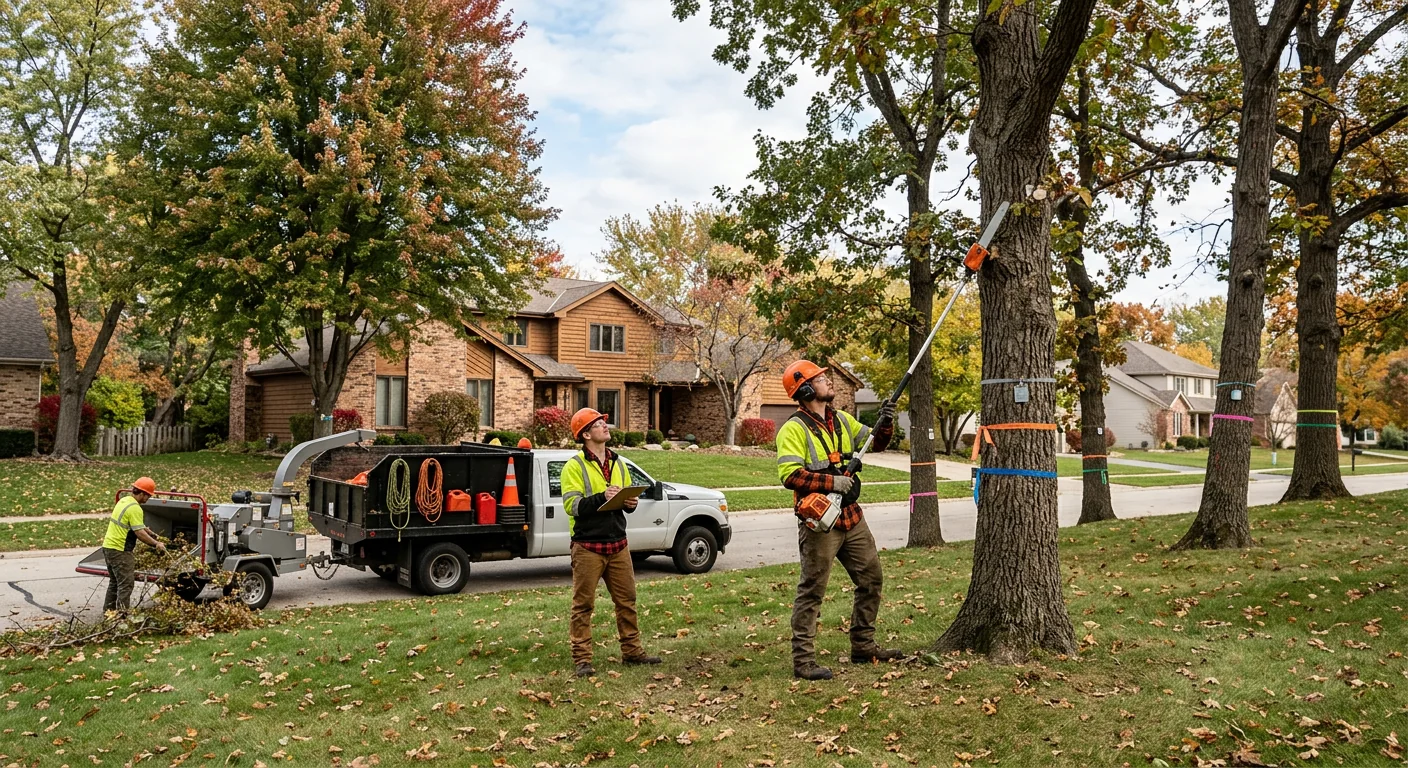 Wide shot of a residential lot with tagged trees flagged during a risk survey