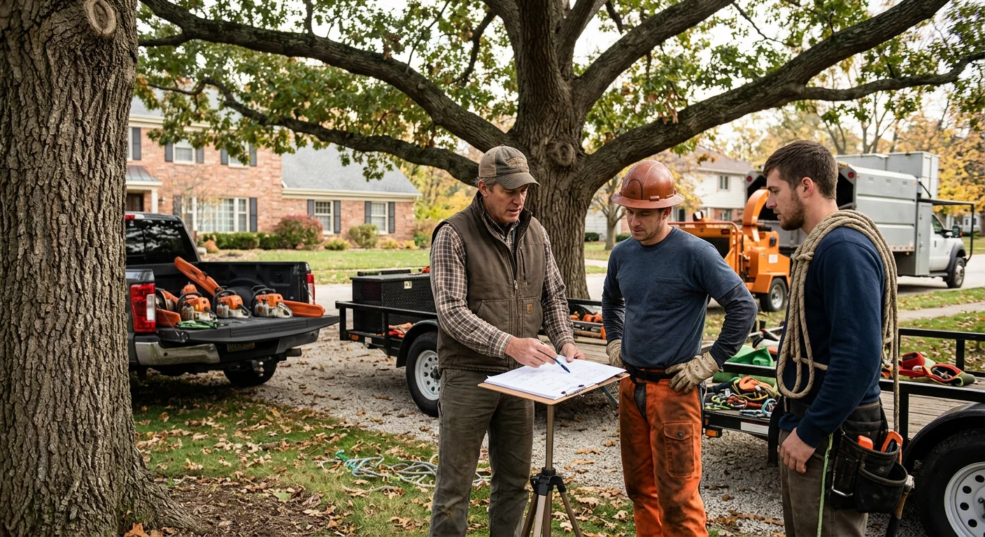 Tree crew reviewing a job plan beside a mature tree on a St. Charles property