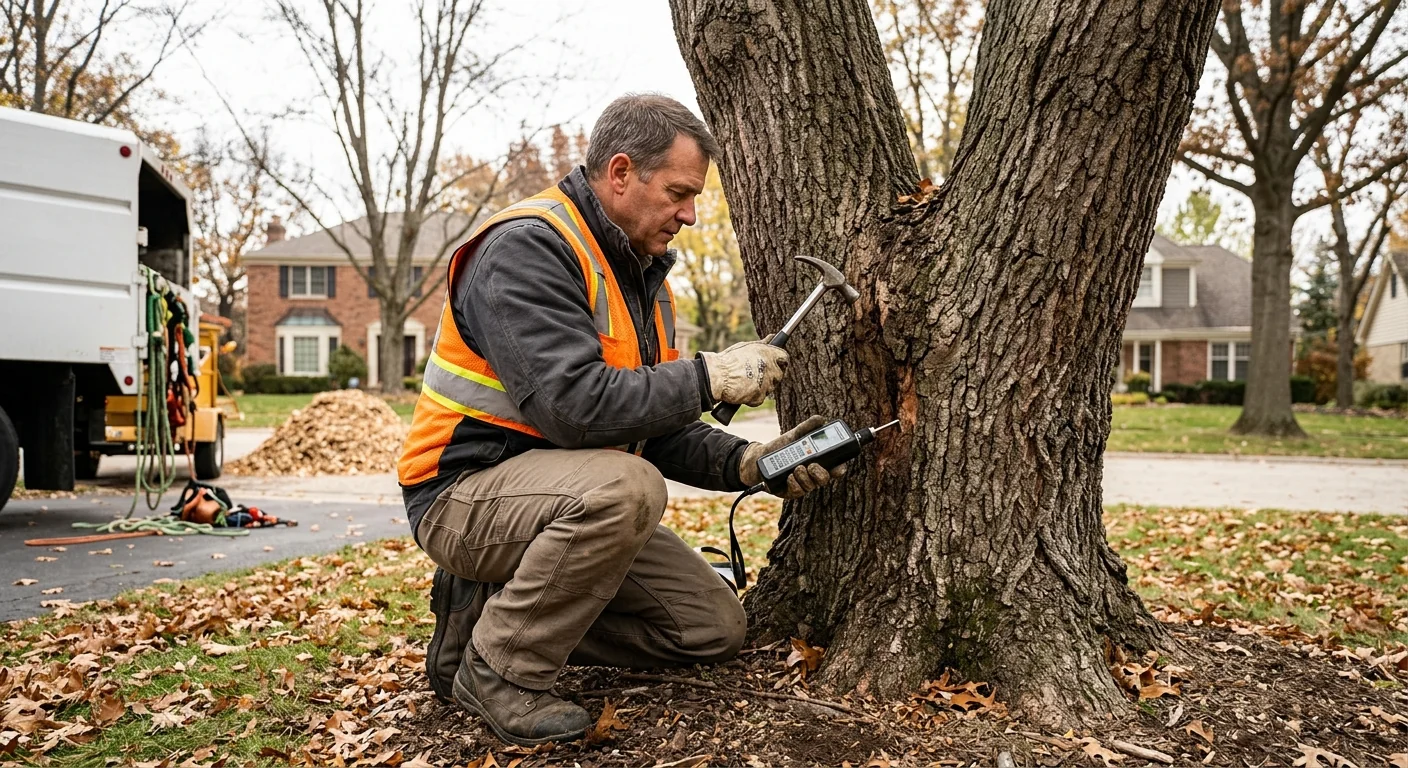 Arborist inspecting a trunk union for decay during a seasonal health check