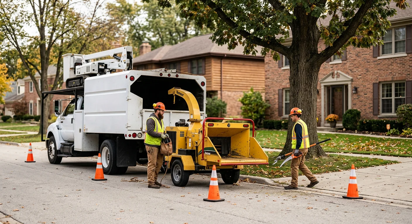 Work truck and chipper staged on a residential street ready for maintenance pruning