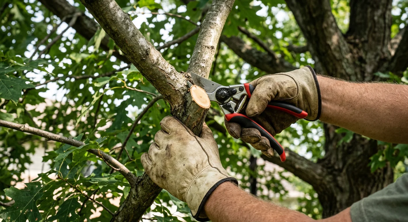 Close-up of gloved hands making a clean pruning cut on a healthy branch
