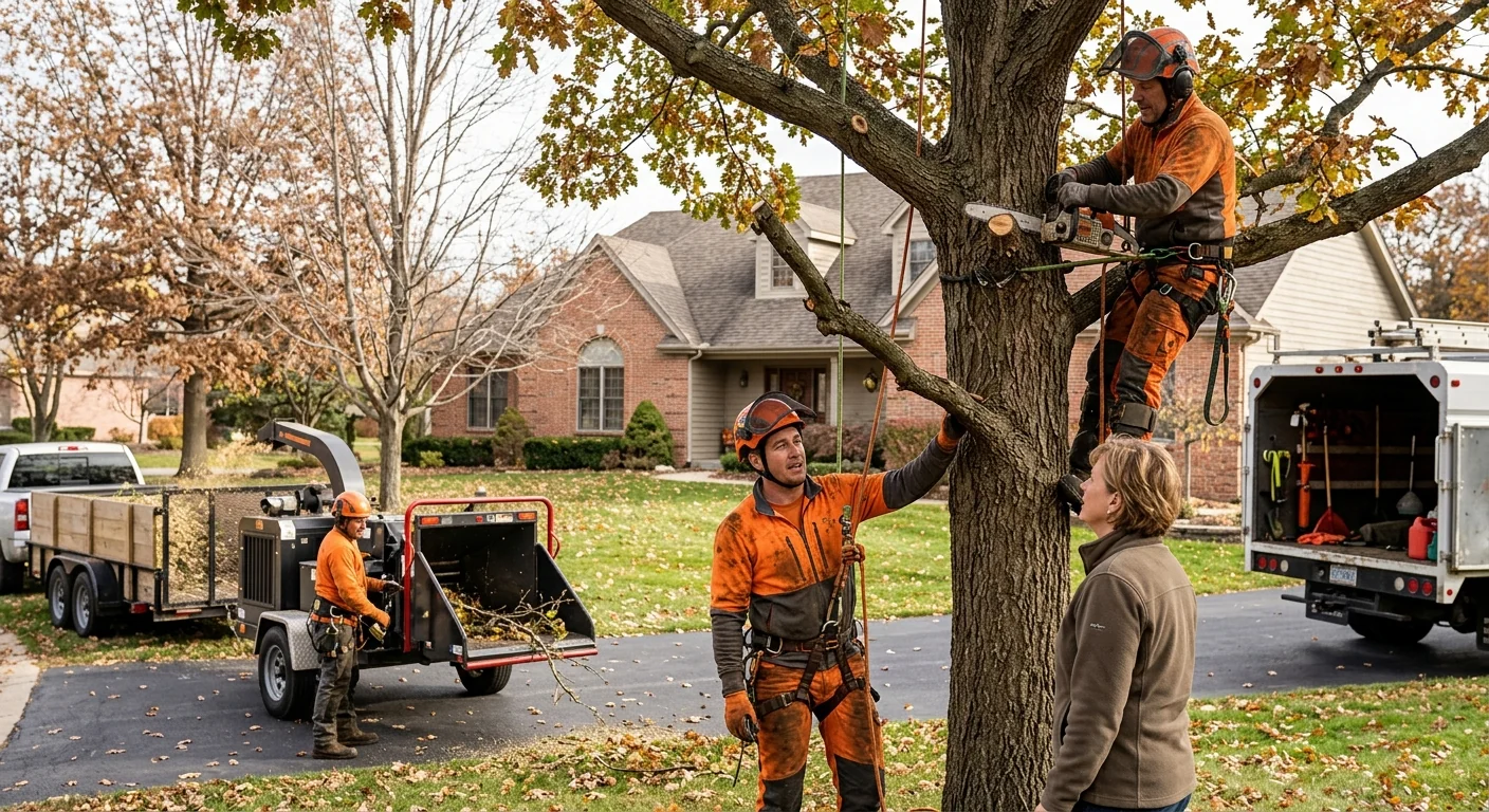Tree crew loading cut limbs onto a truck on a St. Charles property