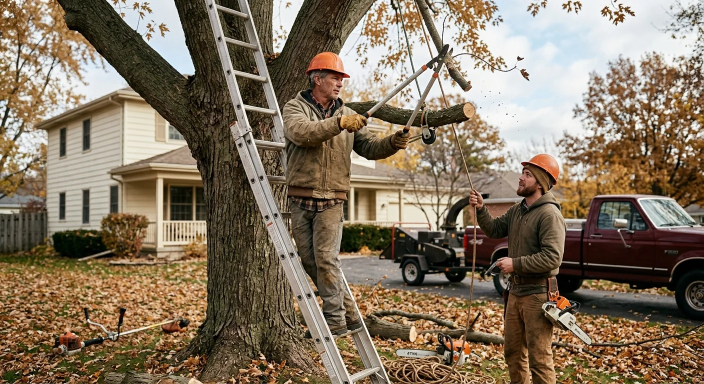 Tree crew reviewing a written estimate with a homeowner beside a mature oak