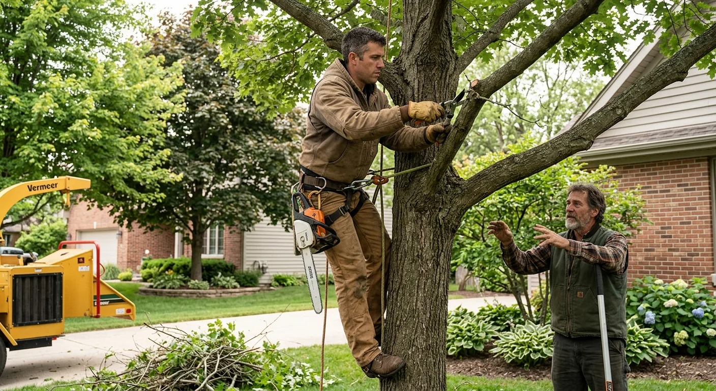 Arborist reviewing a written tree service estimate on a St. Charles property