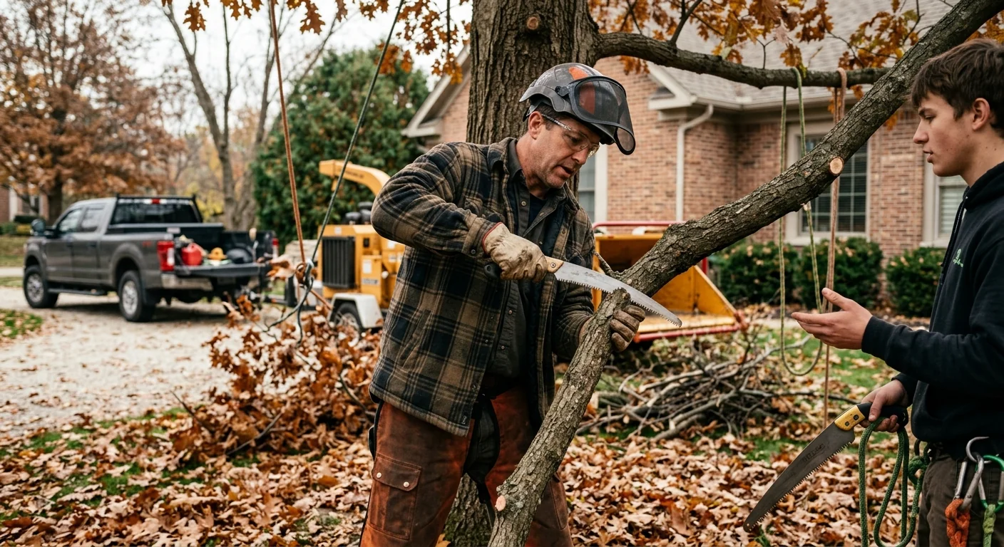 Ground crew clearing brush and stacking logs after routine tree trimming work