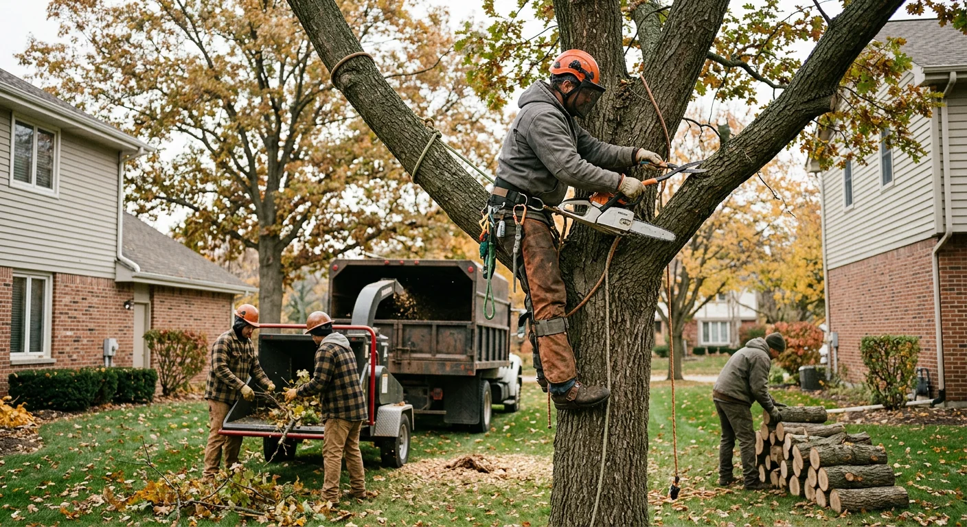 Tree crew loading cut limbs onto a truck after a St. Charles job