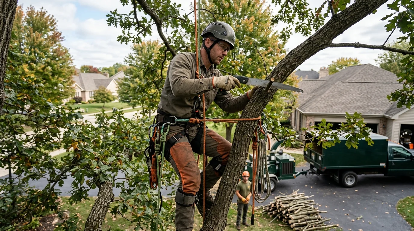 Arborist inspecting a mature tree for seasonal maintenance needs