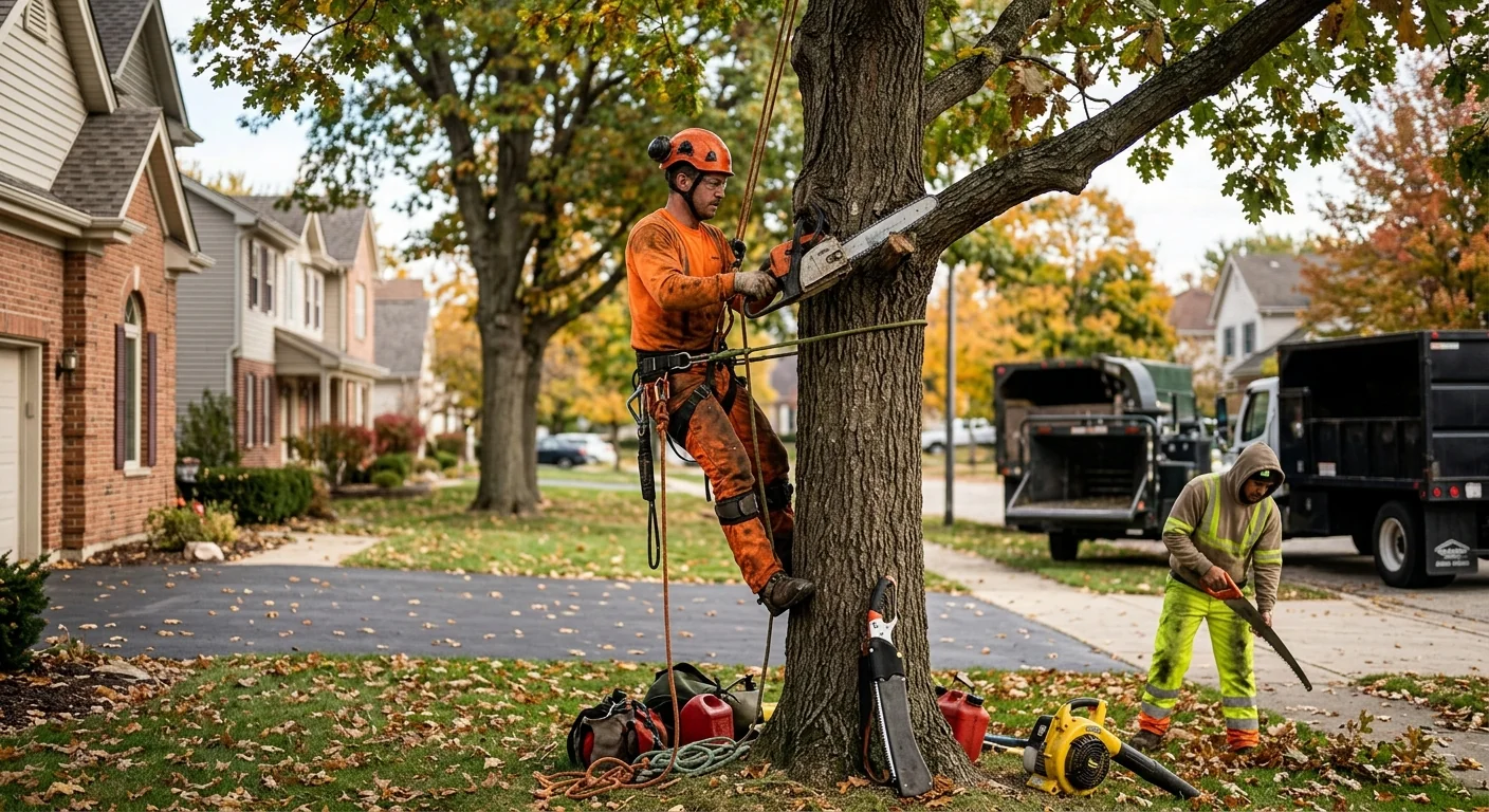 Tree crew reviewing an estimate with a homeowner in a St. Charles yard