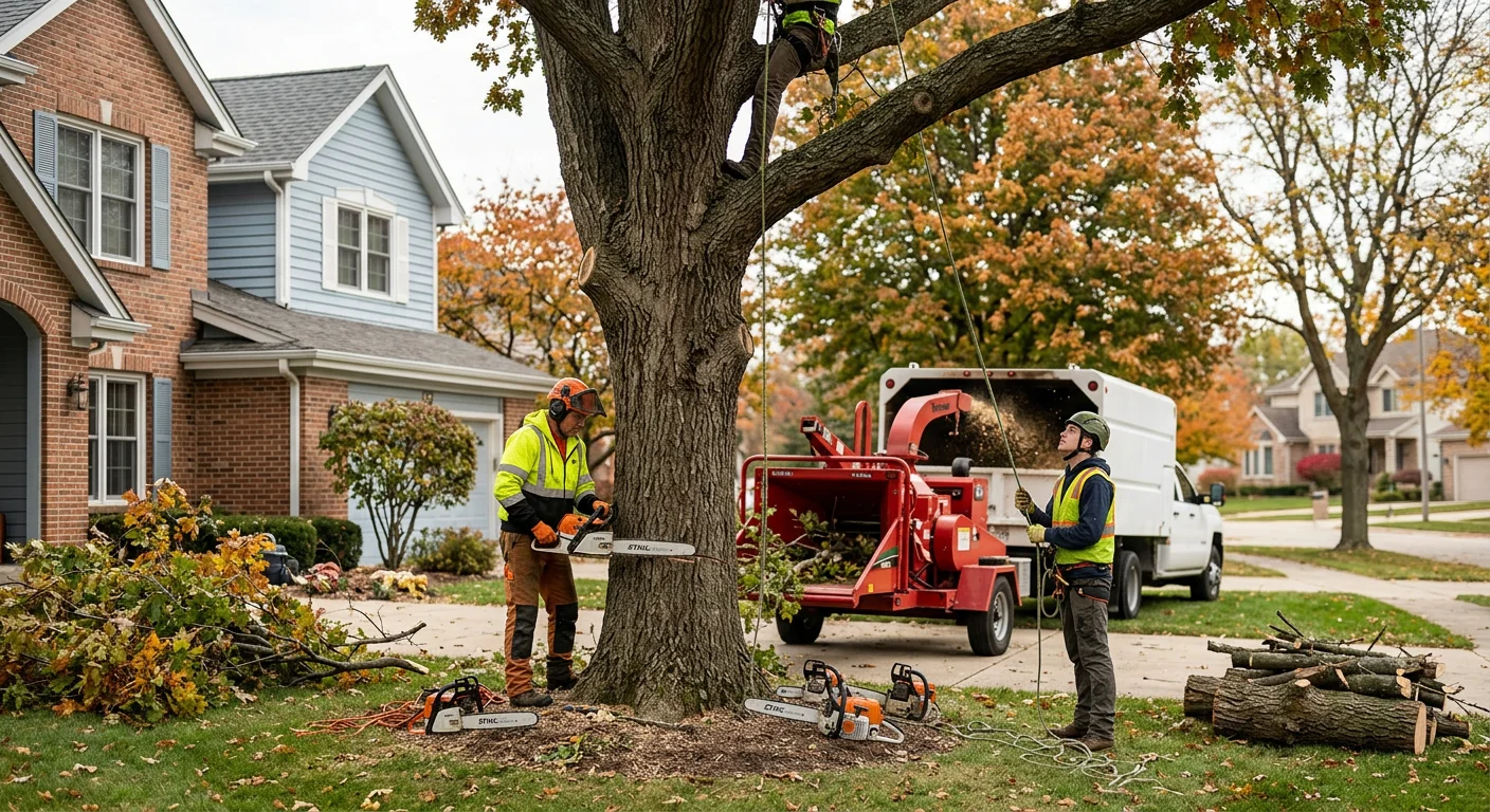 Storm-damaged mature oak with cracked limb over a St. Charles backyard