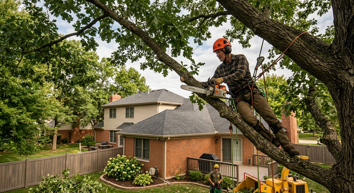 Arborist roped into a tall oak performing crown reduction over a St. Charles backyard