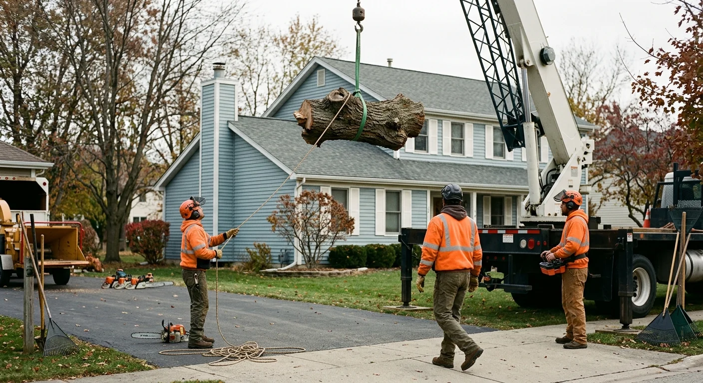 Crane lifting a heavy trunk section clear of a residential rooftop on a work site