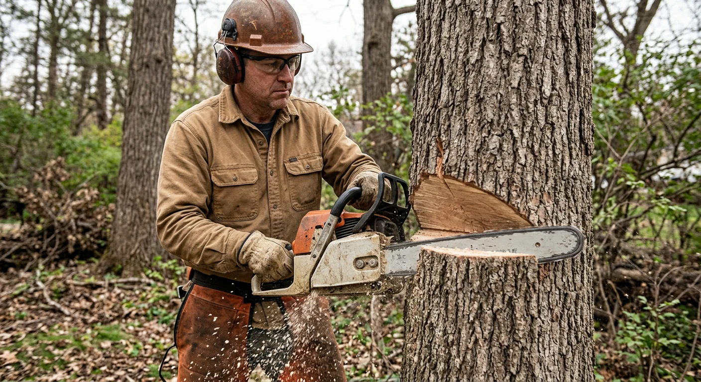 Close-up of a chainsaw making a precise notch cut into a mature tree trunk