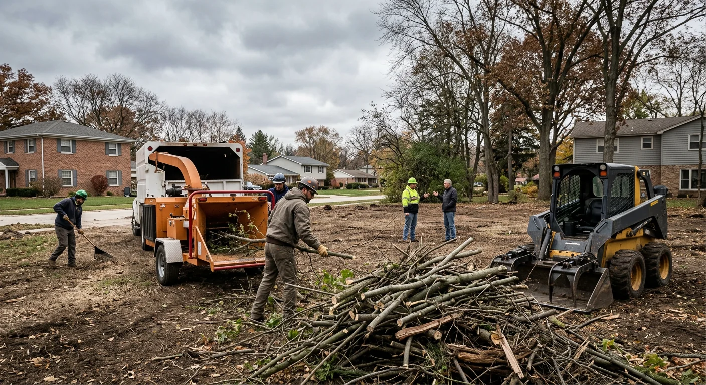 Wide shot of a cleared suburban lot with brush stacked for removal under overcast sky