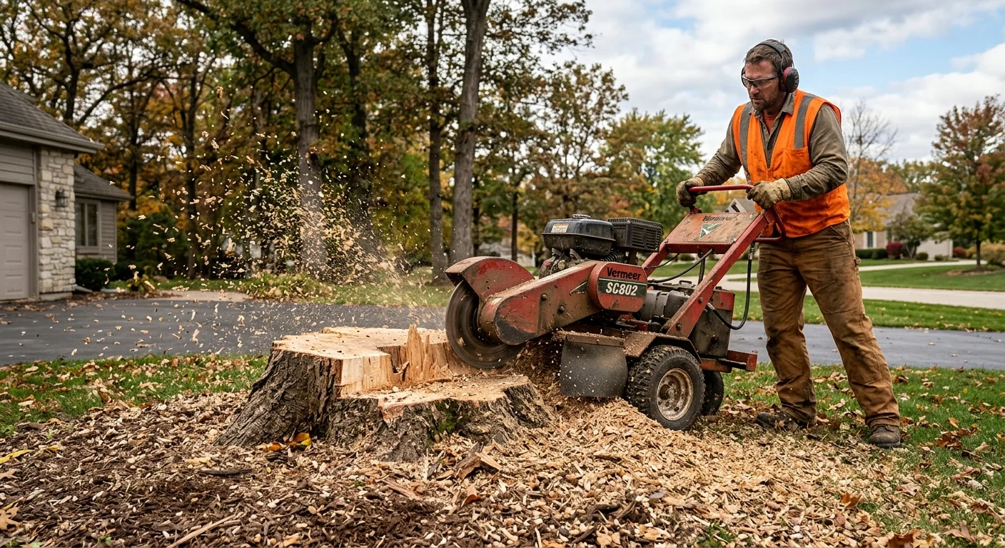 Stump grinder chewing through a large stump with fresh wood chips scattered around