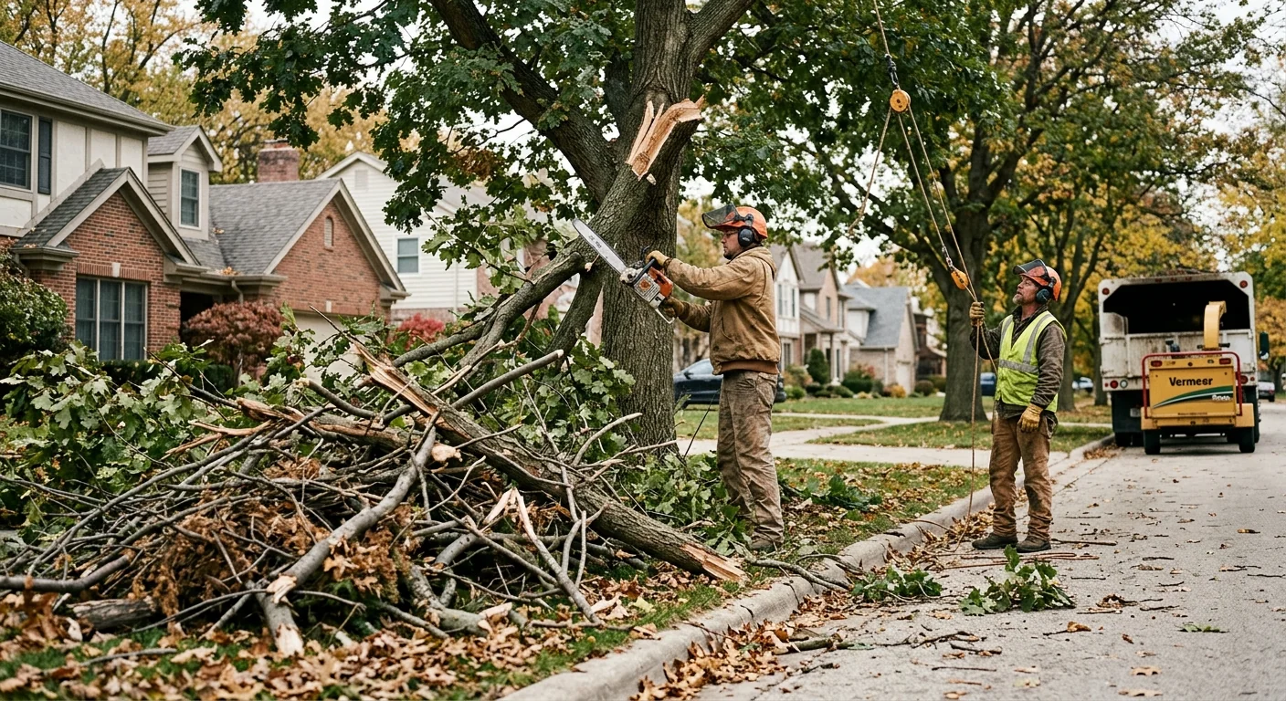 Storm-snapped limbs and broken branches piled at the curb after cleanup in a neighborhood