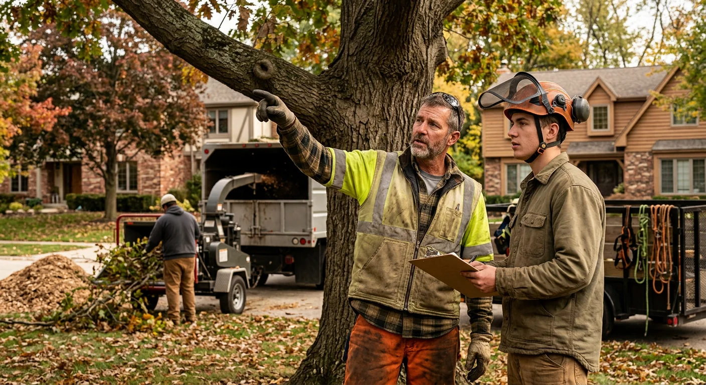 Climber making a controlled pruning cut high in a mature oak