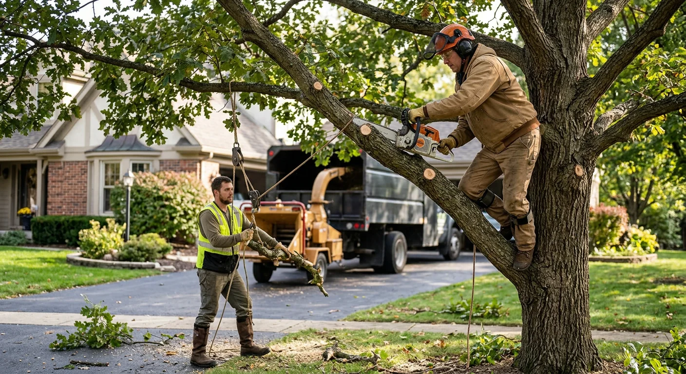 Tree crew in full safety gear inspecting rigging before a removal