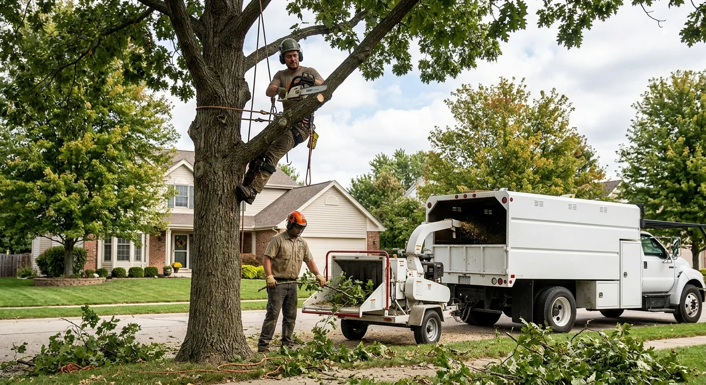 Arborist trimming a large canopy tree from a bucket lift in a residential yard