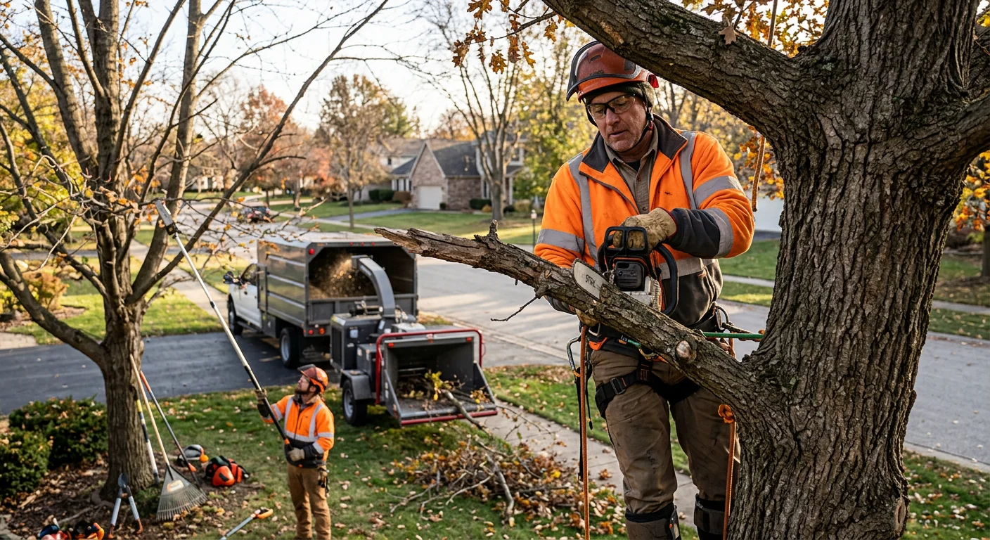Crew trimming branches from a tall shade tree in a St. Charles residential yard