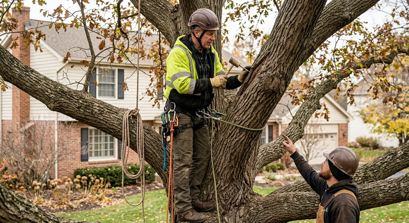 Arborist making clean crown thinning cuts on a mature oak in St. Charles
