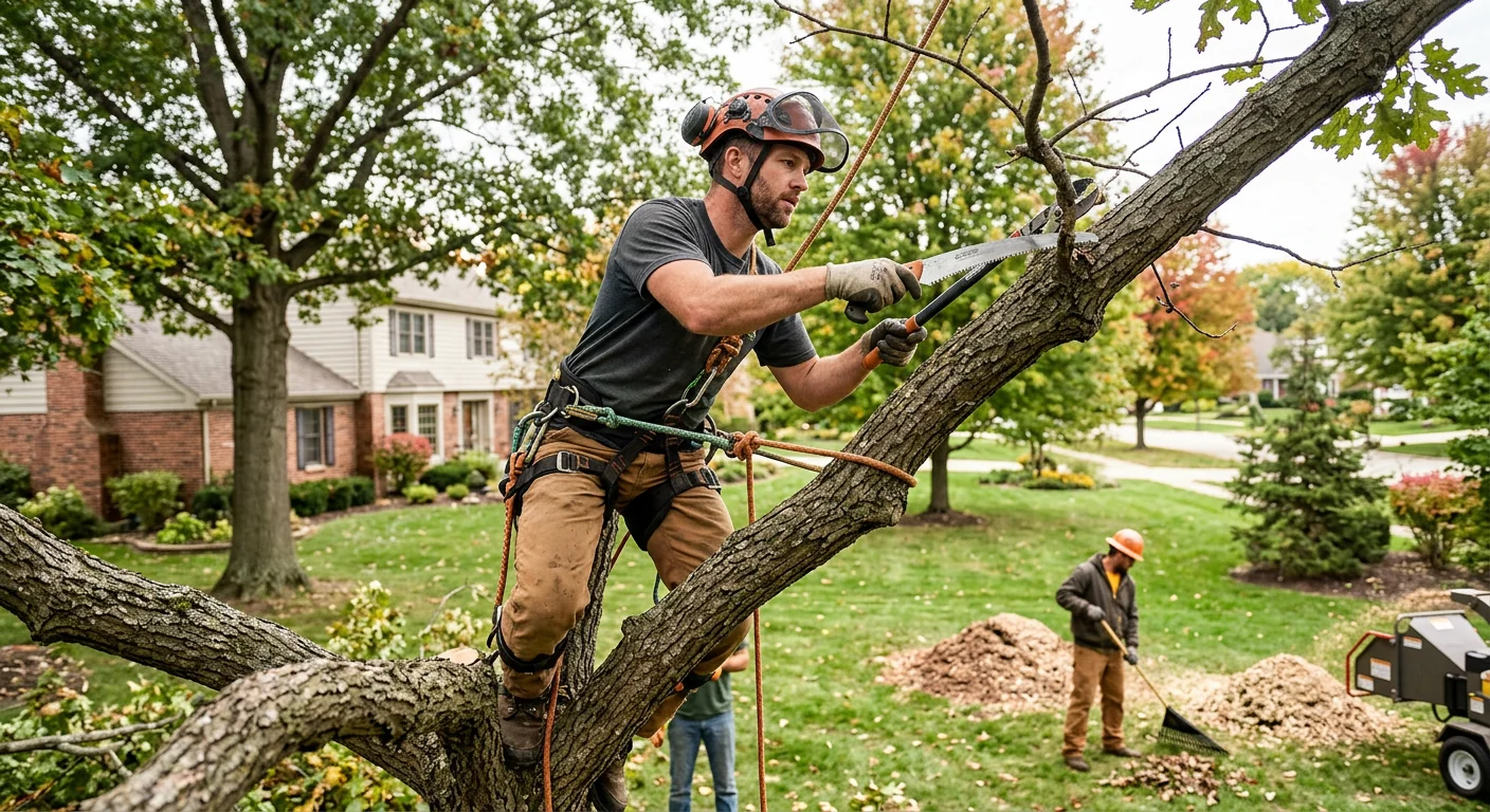 Arborist crown thinning a mature oak with rope saddle rigging in St. Charles backyard